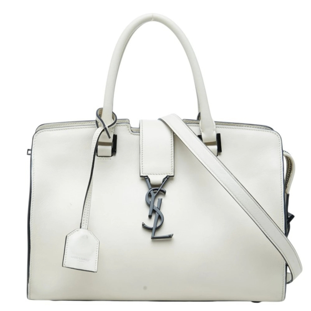 Saint Laurent YSL Logo Baby Cabas Handbag Shoulder Bag 2-Way 424868 White Lea...